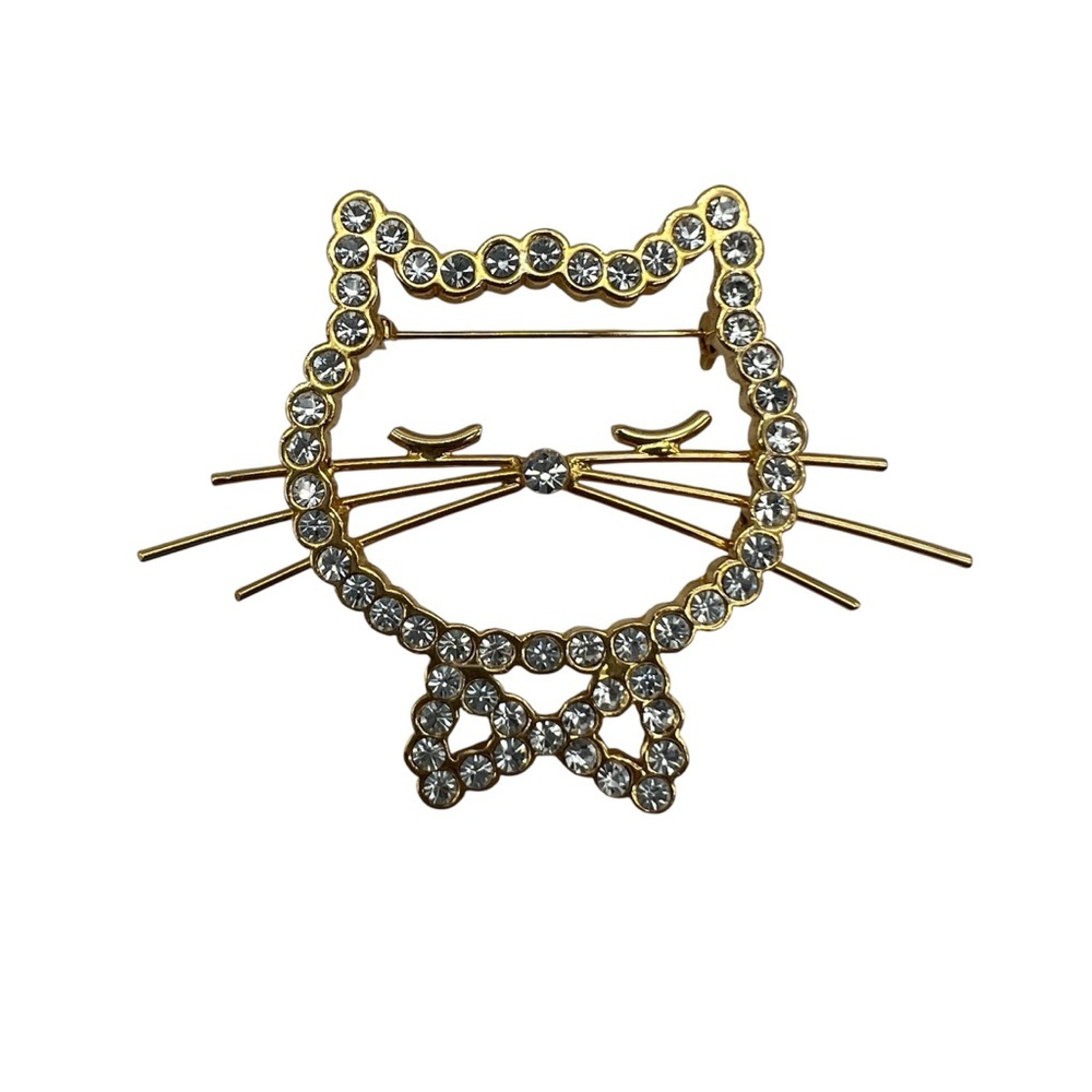 Rhinestone Cat Face Brooch – Gold Tone Kitty w/ Bow (45 mm)